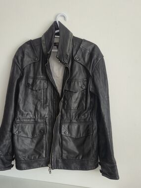 Diesel Black Gold Dark Academia Minimalist Leather Utility Jacket, M